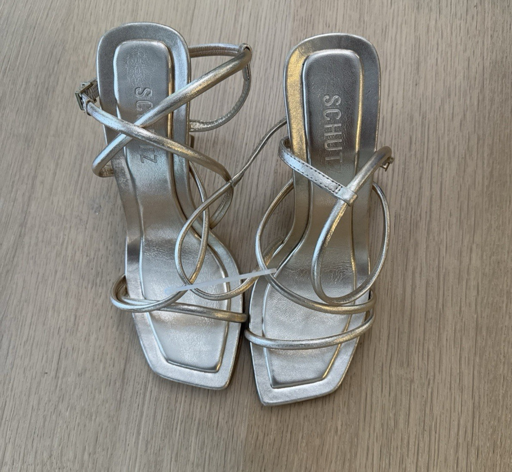 Schutz Heloise Silver Metallic Leather Strappy Stiletto Sandals Size 8
